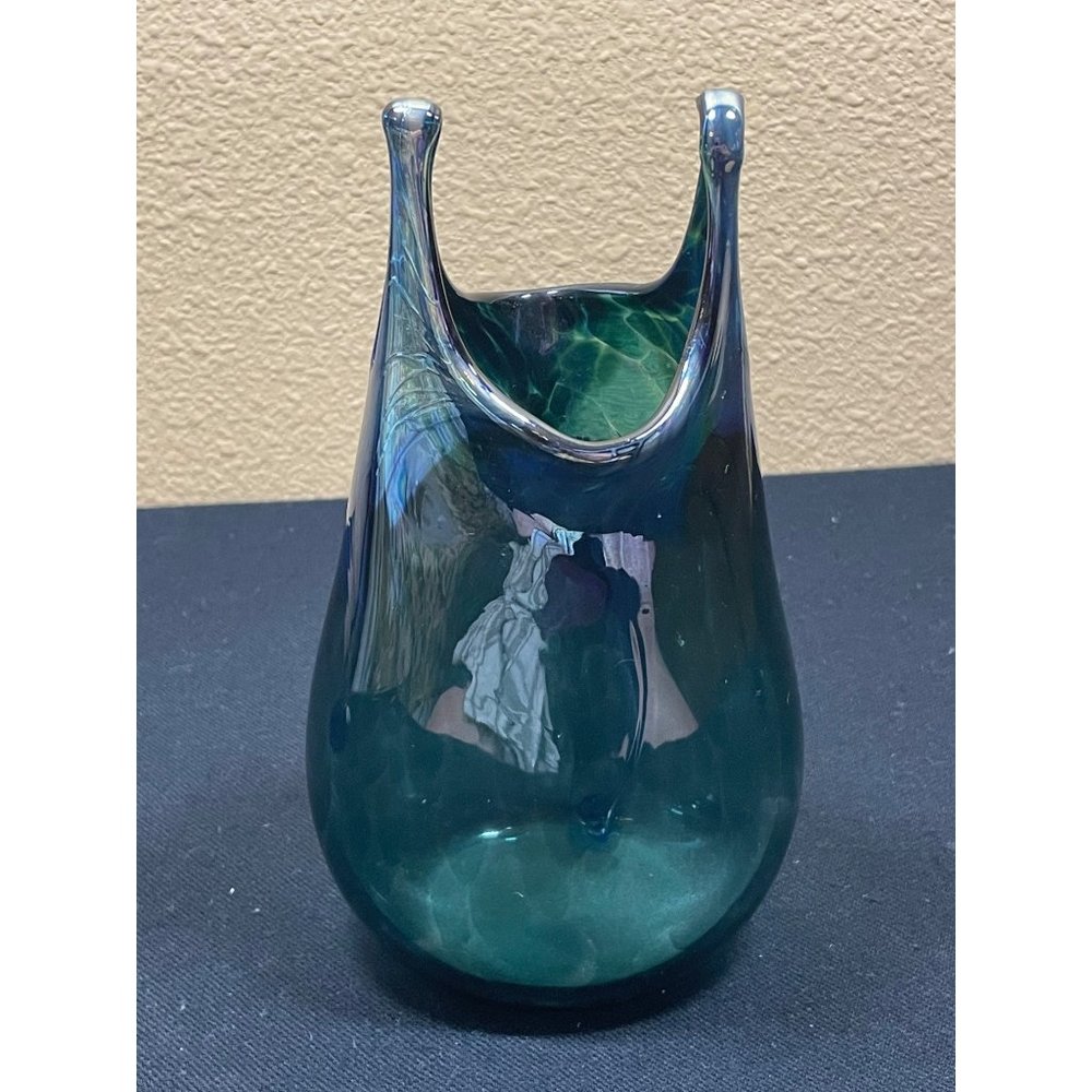 Rare Vintage Hand Blown Glass Paper Bag Vase Signed Sea Foam Blue Color